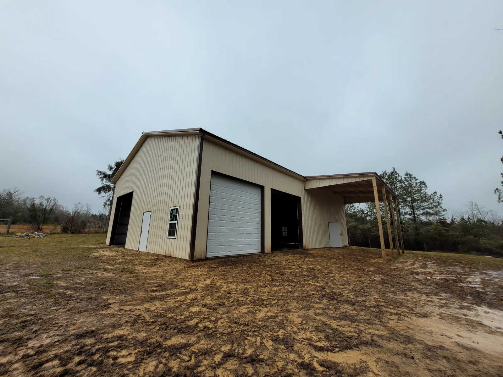 Custom pole barn with tan walls and brown trim in Lexington County, SC